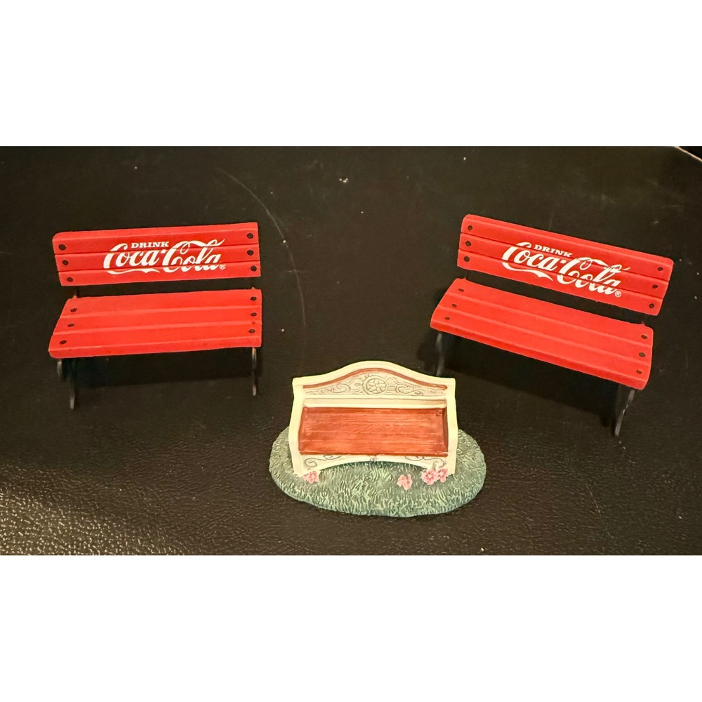 Coca Cola Miniature Benches Red White Village Decor 3pc Set